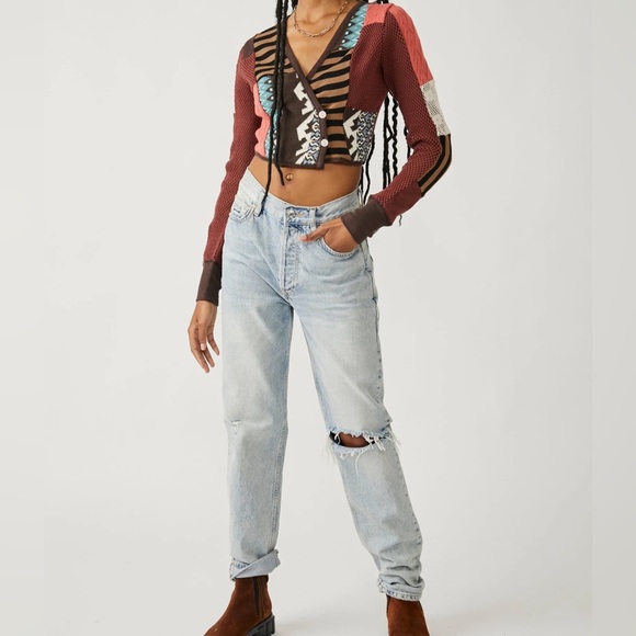 NWT Free People Pieces Of Me Brown Patchwork Crop Button Down Cardigan Top Large - Picture 5 of 8